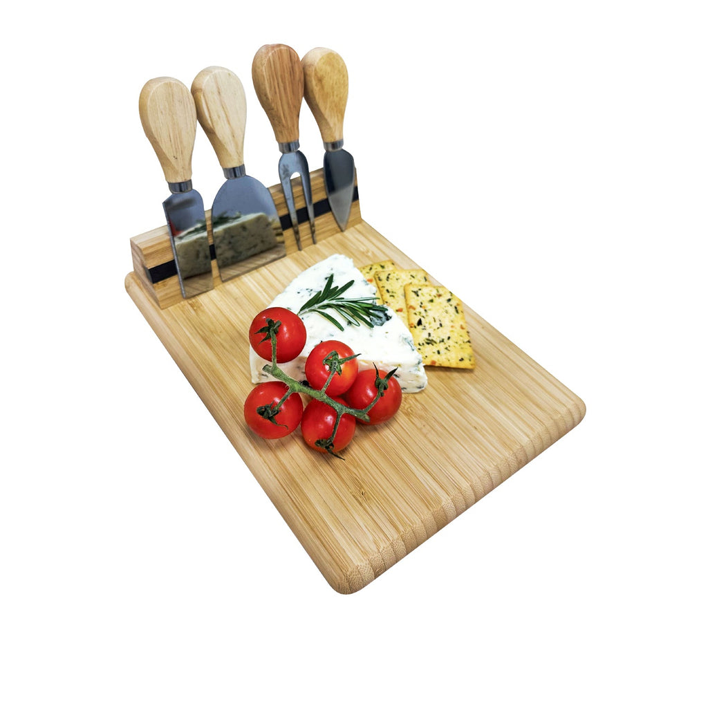 JS Gourmet - Planche à Fromage en Bambou avec 4 Couteaux et Support Magnétique