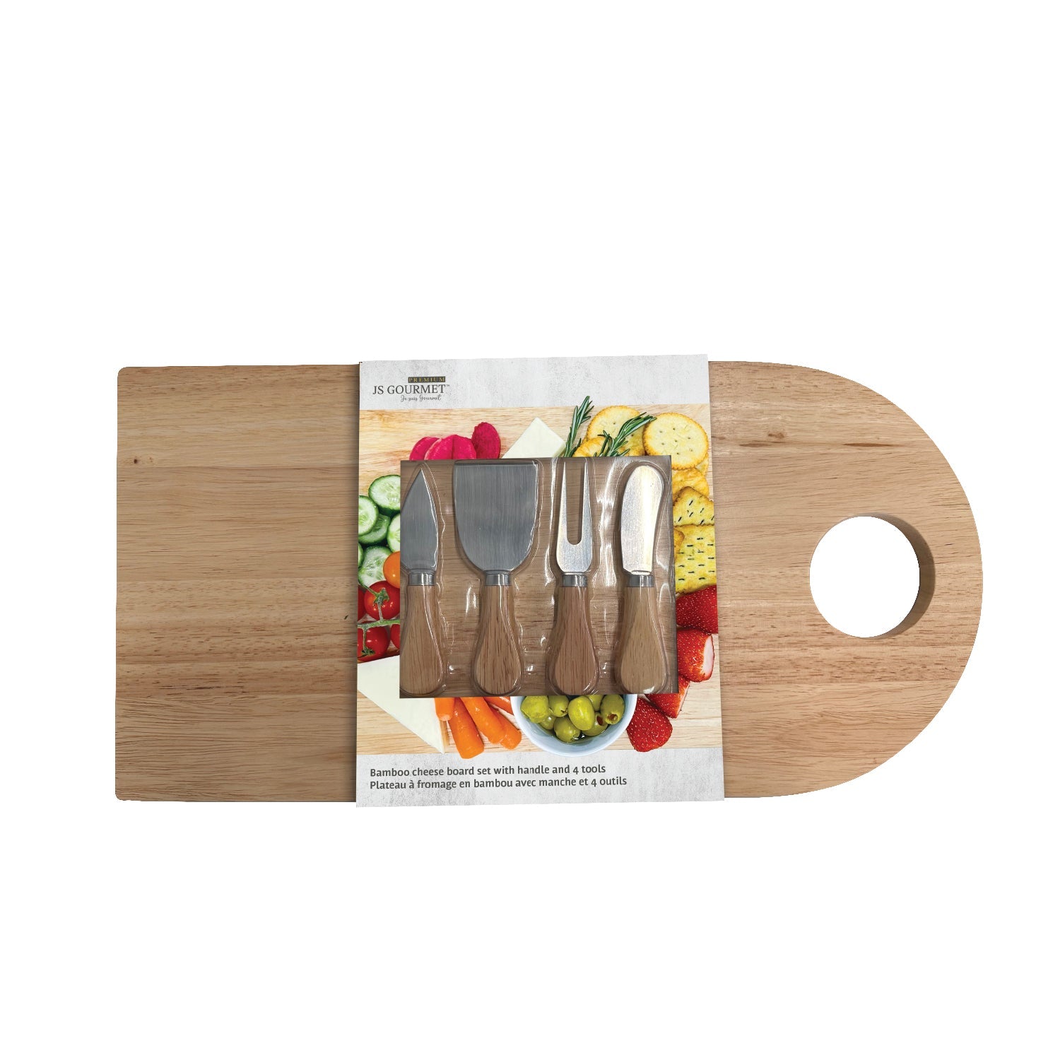 JS Gourmet - Planche à Fromage en Bambou avec Manche et 4 Outils en Acier Inoxydable - Simple Boutique
