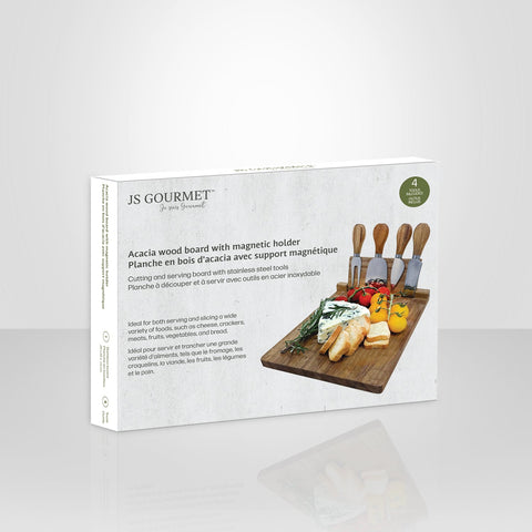 JS Gourmet - Planche à Fromage en Bois d'acacia avec 4 Couteaux et Support Magnétique