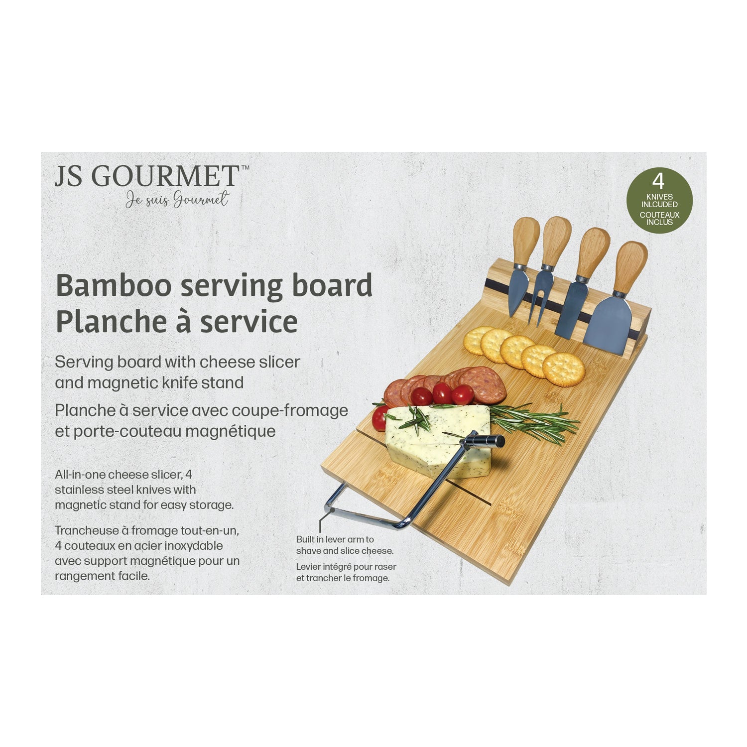 JS Gourmet - Planche à Service en Bambou avec Coupe-Fromage Intégré et 4 Couteaux - Simple Boutique