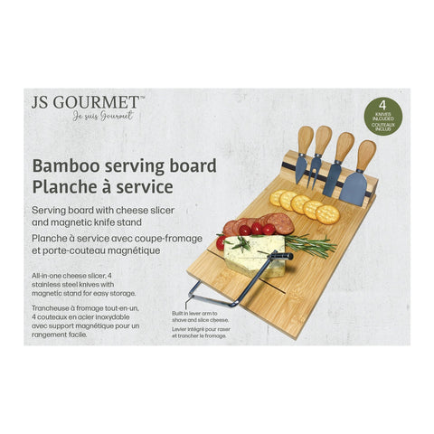 JS Gourmet - Planche à Service en Bambou avec Coupe-Fromage Intégré et 4 Couteaux