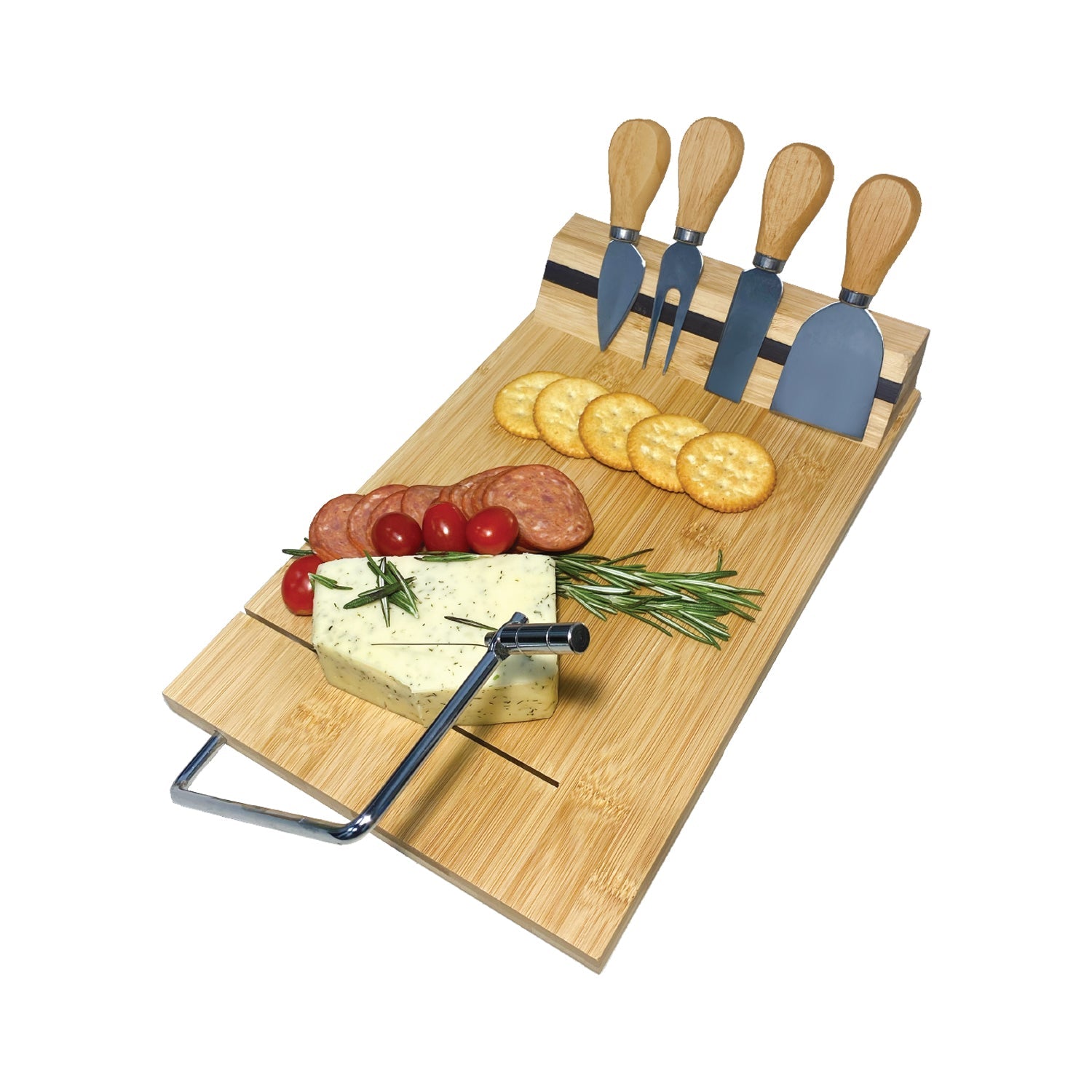 JS Gourmet - Planche à Service en Bambou avec Coupe-Fromage Intégré et 4 Couteaux - Simple Boutique