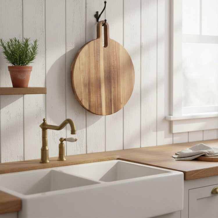 JS Gourmet Planche à servir et à découper en bois d'acacia avec poignée — 43 x 34,8 cm - Simple Boutique
