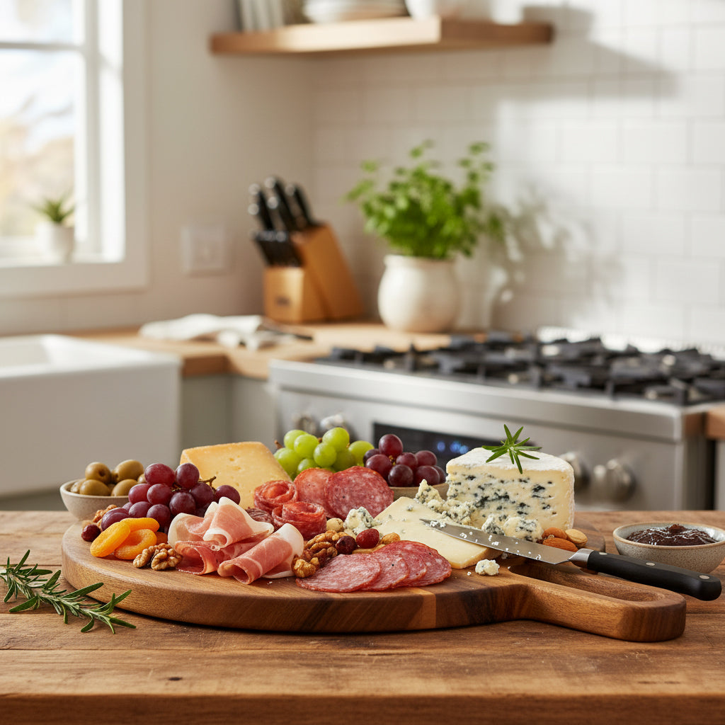 JS Gourmet Planche à servir et à découper en bois d'acacia avec poignée — 43 x 34,8 cm - Simple Boutique