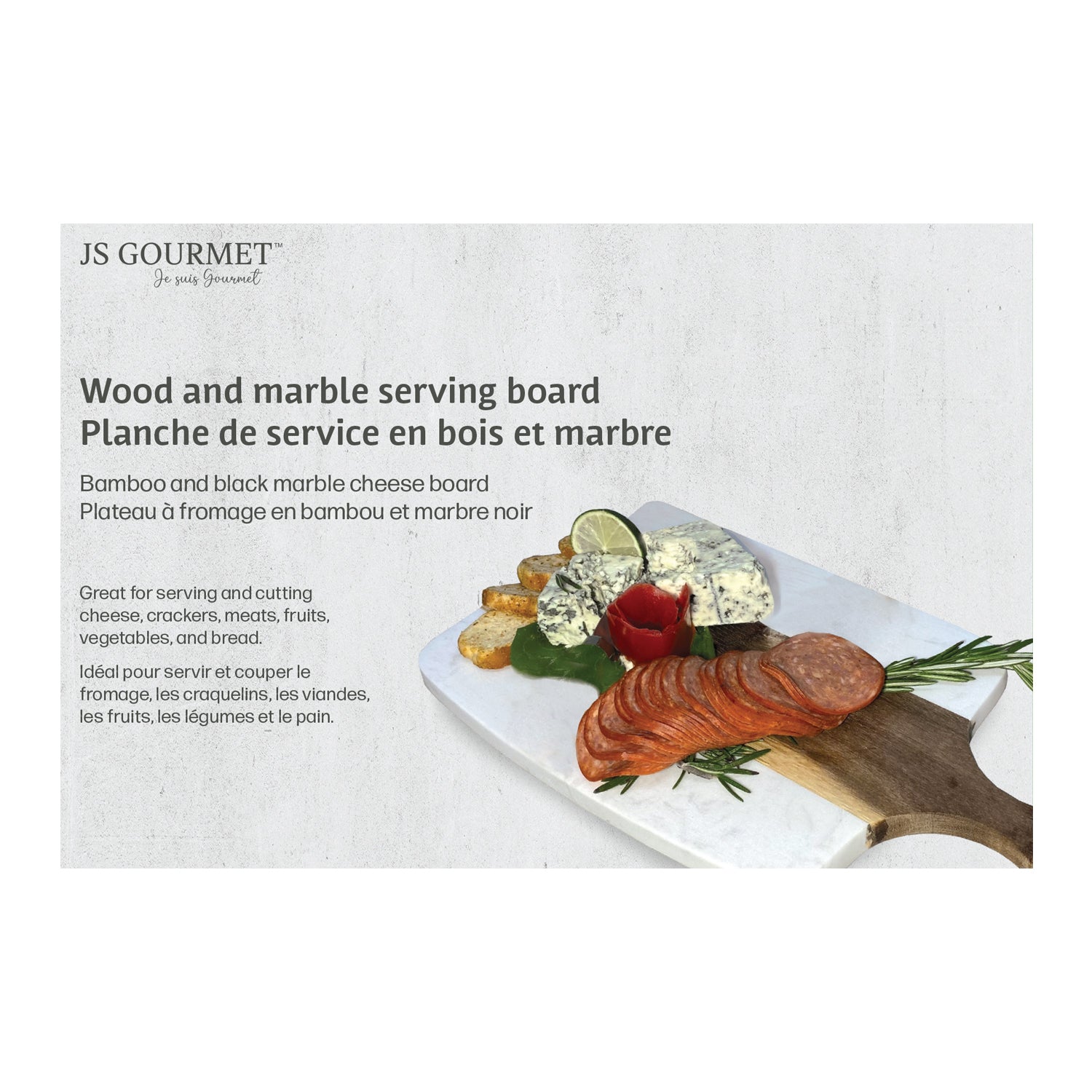 JS Gourmet - Planche de Service en Bois et en Marbre avec Poignée - Simple Boutique