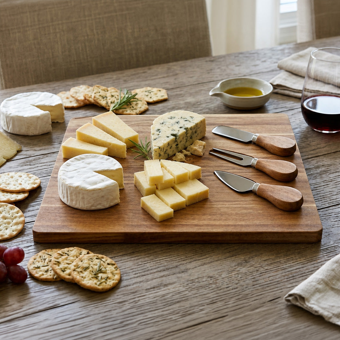 JS Gourmet Planche en bois d'acacia avec 3 outils à fromage - Simple Boutique