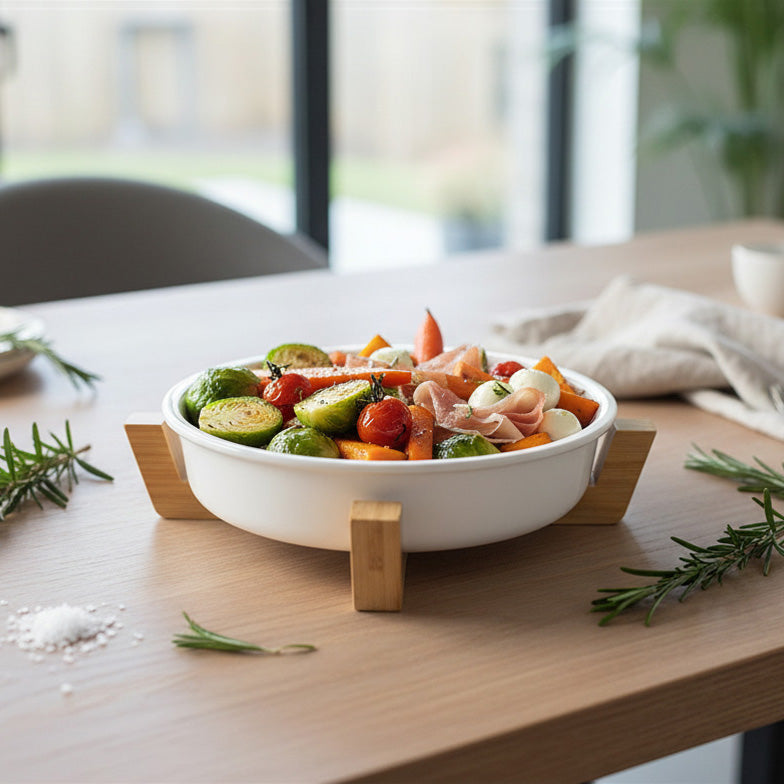 JS Gourmet Plat de cuisson carré compact en céramique avec dessous de plat en bois, 21,7 cm - Simple Boutique