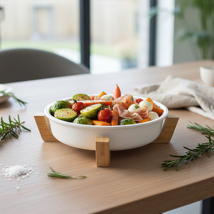 JS Gourmet Plat de cuisson carré compact en céramique avec dessous de plat en bois, 21,7 cm - Simple Boutique