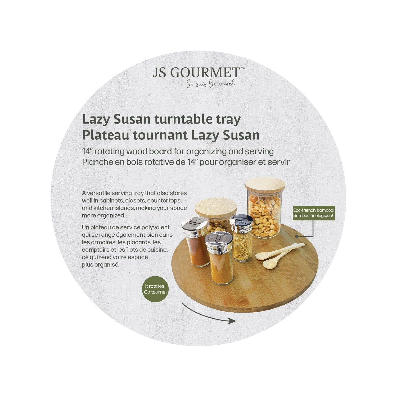 JS Gourmet - Plateau Tournant Lazy Suzan en Bambou, Diamètre de 14" - Simple Boutique