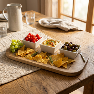 JS Gourmet Plateau de service 4 pièces en bois d'acacia avec 3 bols en céramique — 45,7 x 23 cm - Simple Boutique