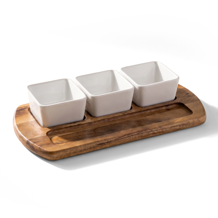 JS Gourmet Plateau de service 4 pièces en bois d'acacia avec 3 bols en céramique — 45,7 x 23 cm - Simple Boutique