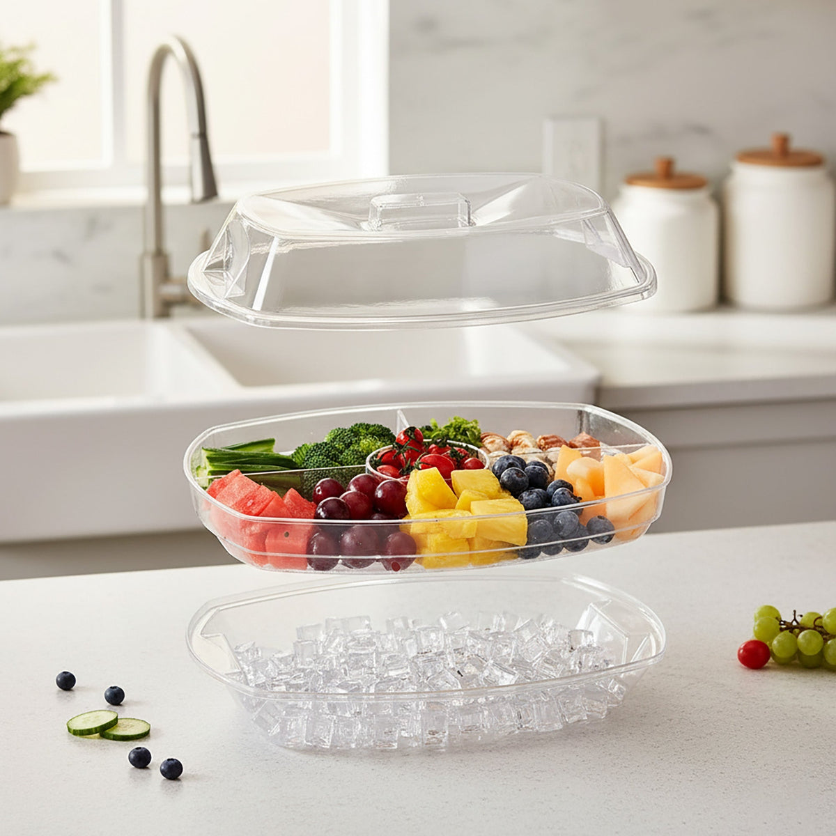 JS Gourmet Plateau de service divisé 2 en 1 avec couvercle bac à glace et 4 compartiments — 15 po - Simple Boutique