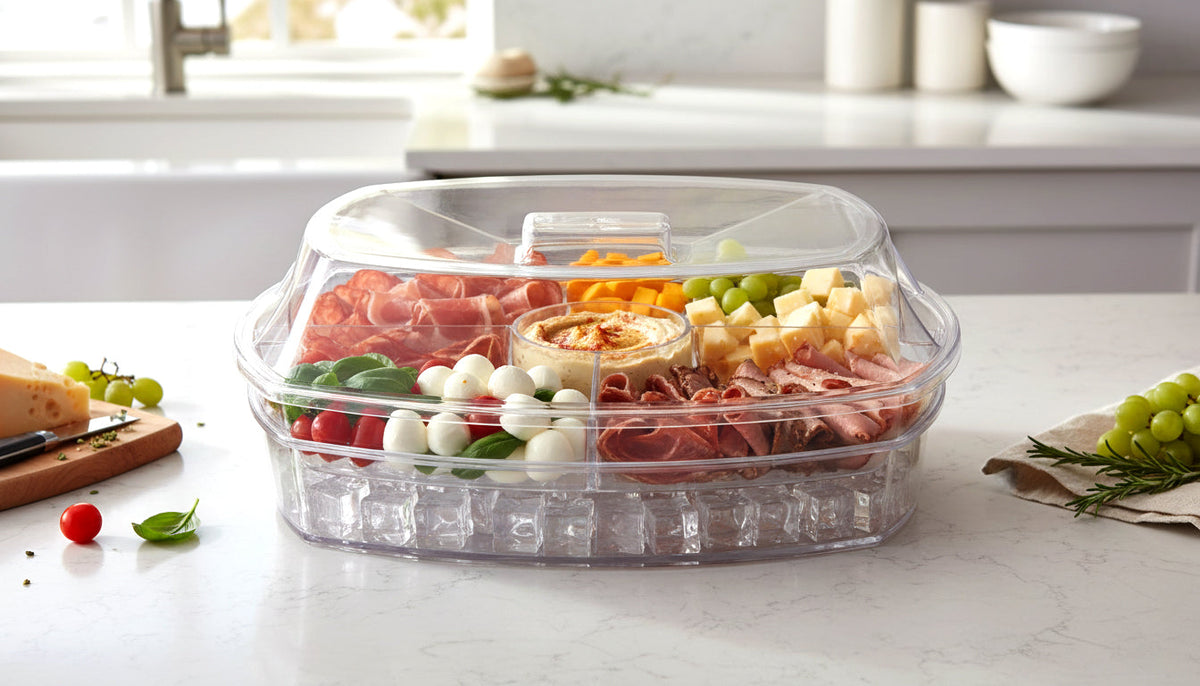 JS Gourmet Plateau de service divisé 2 en 1 avec couvercle bac à glace et 4 compartiments — 15 po - Simple Boutique