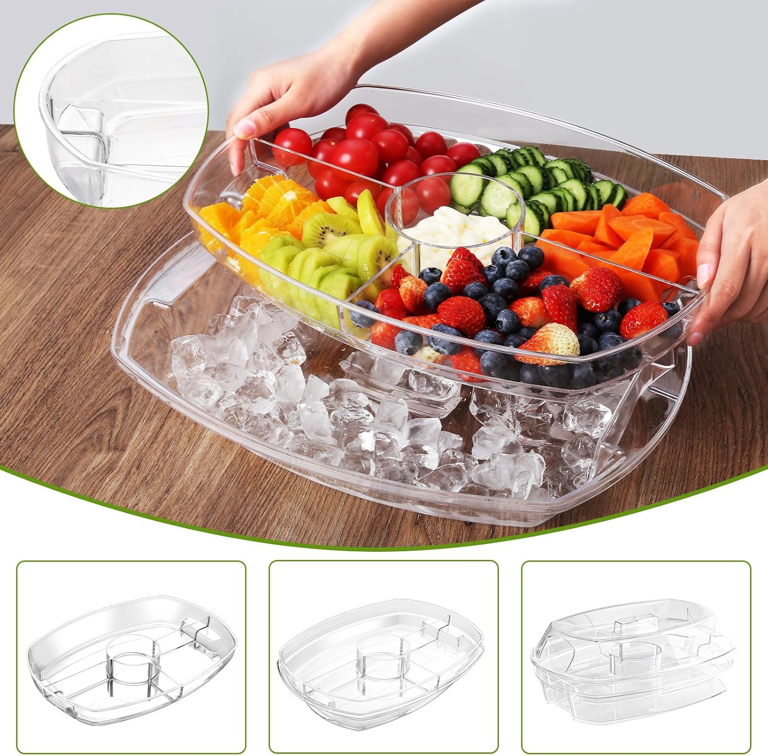 JS Gourmet Plateau de service divisé 2 en 1 avec couvercle bac à glace et 4 compartiments — 15 po - Simple Boutique