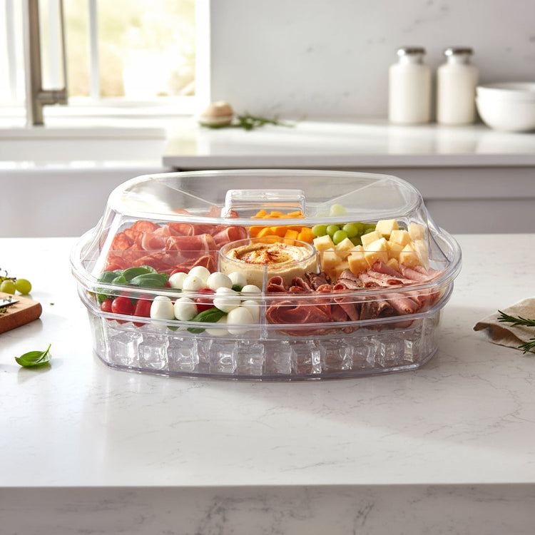 JS Gourmet Plateau de service divisé 2 en 1 avec couvercle bac à glace et 4 compartiments — 15 po - Simple Boutique