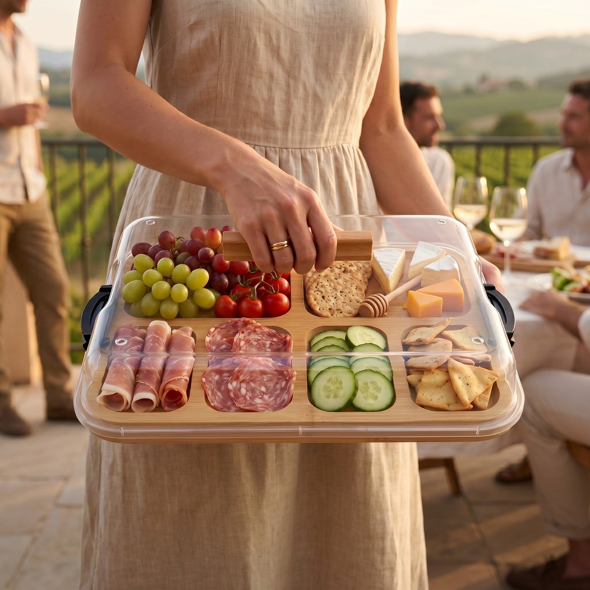 JS Gourmet Plateau de service en bambou à double fonction "Build a Board" avec couvercle verrouillable et poignée de transport - Simple Boutique
