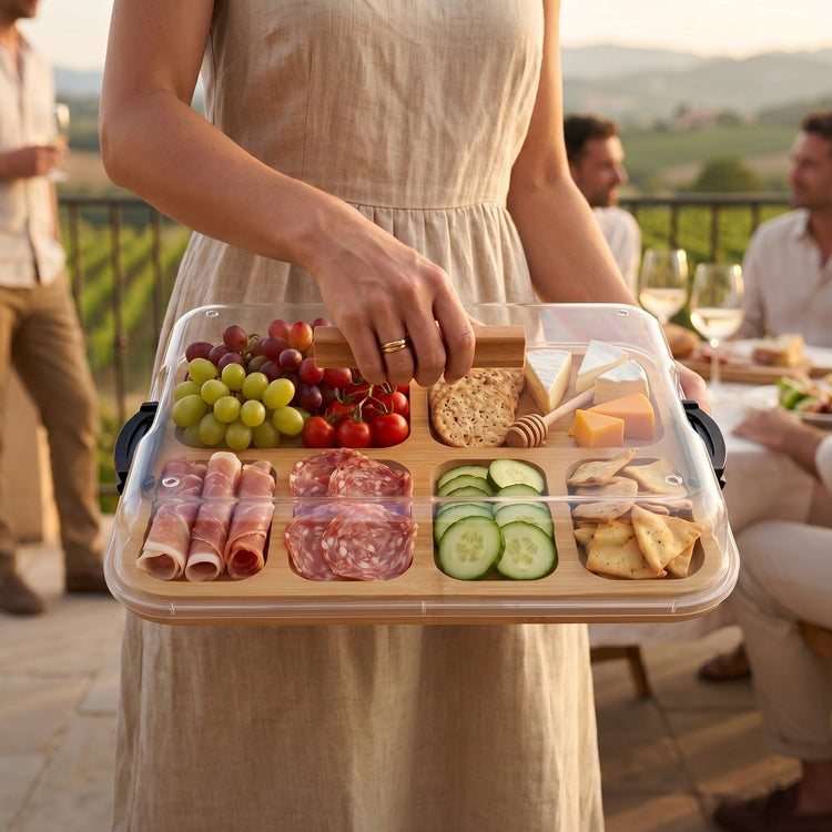 JS Gourmet Plateau de service en bambou à double fonction "Build a Board" avec couvercle verrouillable et poignée de transport - Simple Boutique