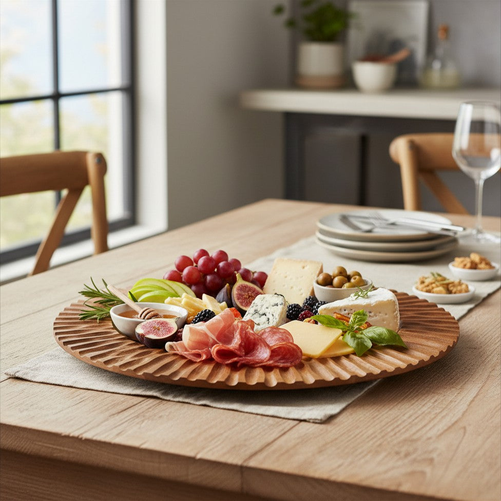 JS Gourmet Plateau de service rond cannelé en bois d'acacia - Simple Boutique