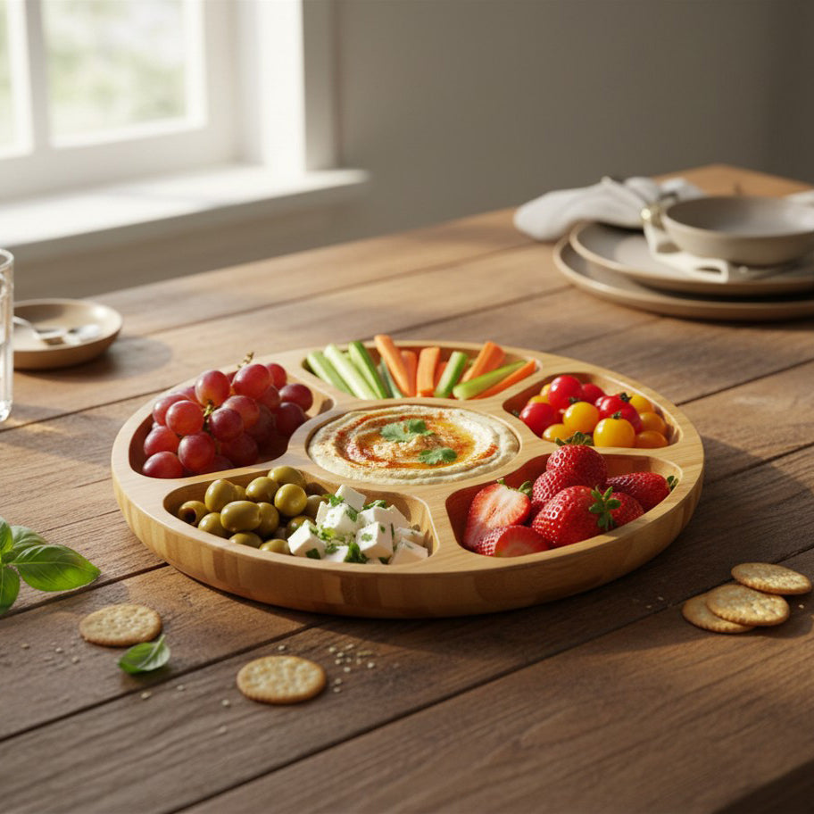 JS Gourmet Plateau de service rond en bambou à sections multiples — 31,5 cm de diamètre - Simple Boutique