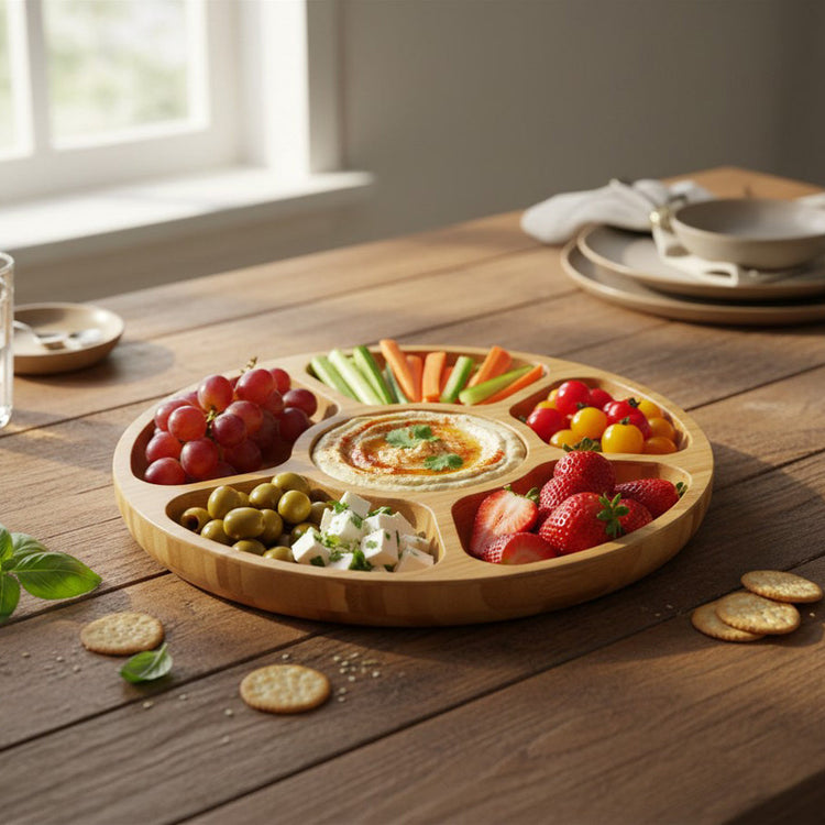 JS Gourmet Plateau de service rond en bambou à sections multiples — 31,5 cm de diamètre - Simple Boutique