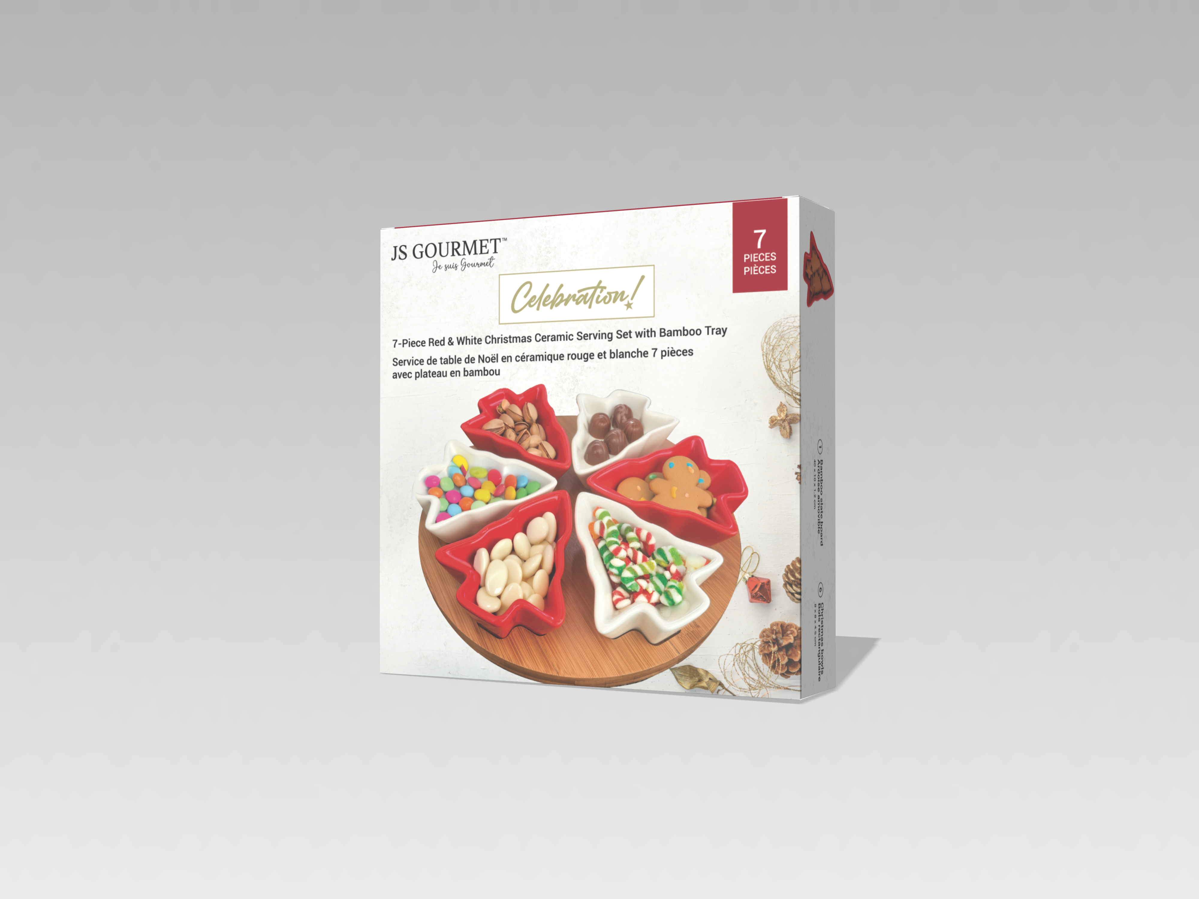 JS Gourmet Plats de Noël en céramique en forme de sapin avec planche en bambou - Rouge et blanc, 7 pièces - emballage - Simple Boutique