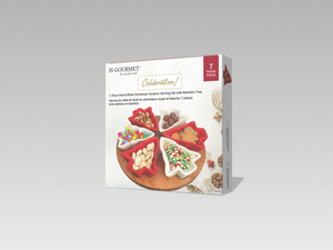 JS Gourmet Plats de Noël en céramique en forme de sapin avec planche en bambou - Rouge et blanc, 7 pièces - emballage - Simple Boutique