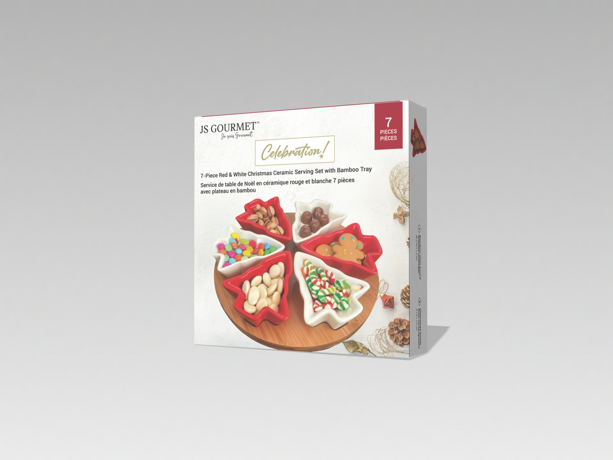 JS Gourmet Plats de Noël en céramique en forme de sapin avec planche en bambou - Rouge et blanc, 7 pièces - emballage - Simple Boutique