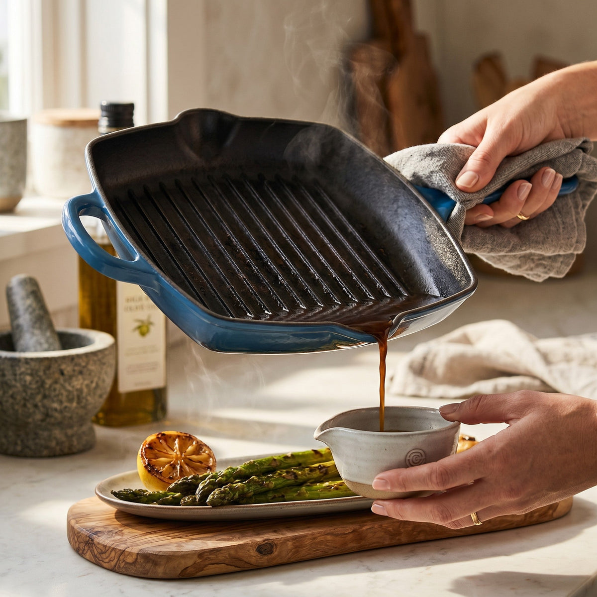 JS Gourmet Poêle Grill Carrée en Fonte Émaillée, 27 cm, Bleu Saphir - Simple Boutique