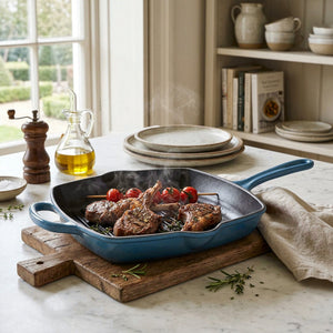 JS Gourmet Poêle Grill Carrée en Fonte Émaillée, 27 cm, Bleu Saphir - Simple Boutique