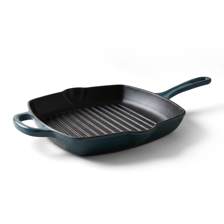 JS Gourmet Poêle Grill Carrée en Fonte Émaillée, 27 cm, Bleu Saphir - Simple Boutique