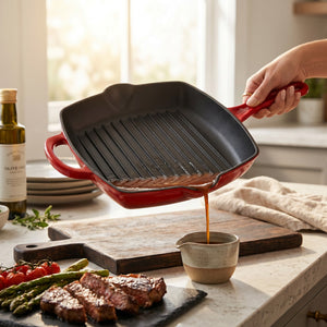 JS Gourmet Poêle Grill Carrée en Fonte Émaillée - Rouge Cerise, 27 cm - Simple Boutique