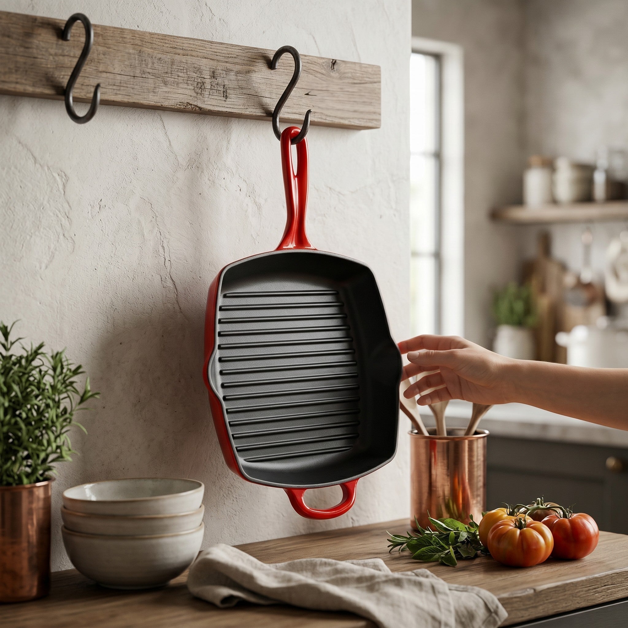 JS Gourmet Poêle Grill Carrée en Fonte Émaillée - Rouge Cerise, 27 cm - Simple Boutique