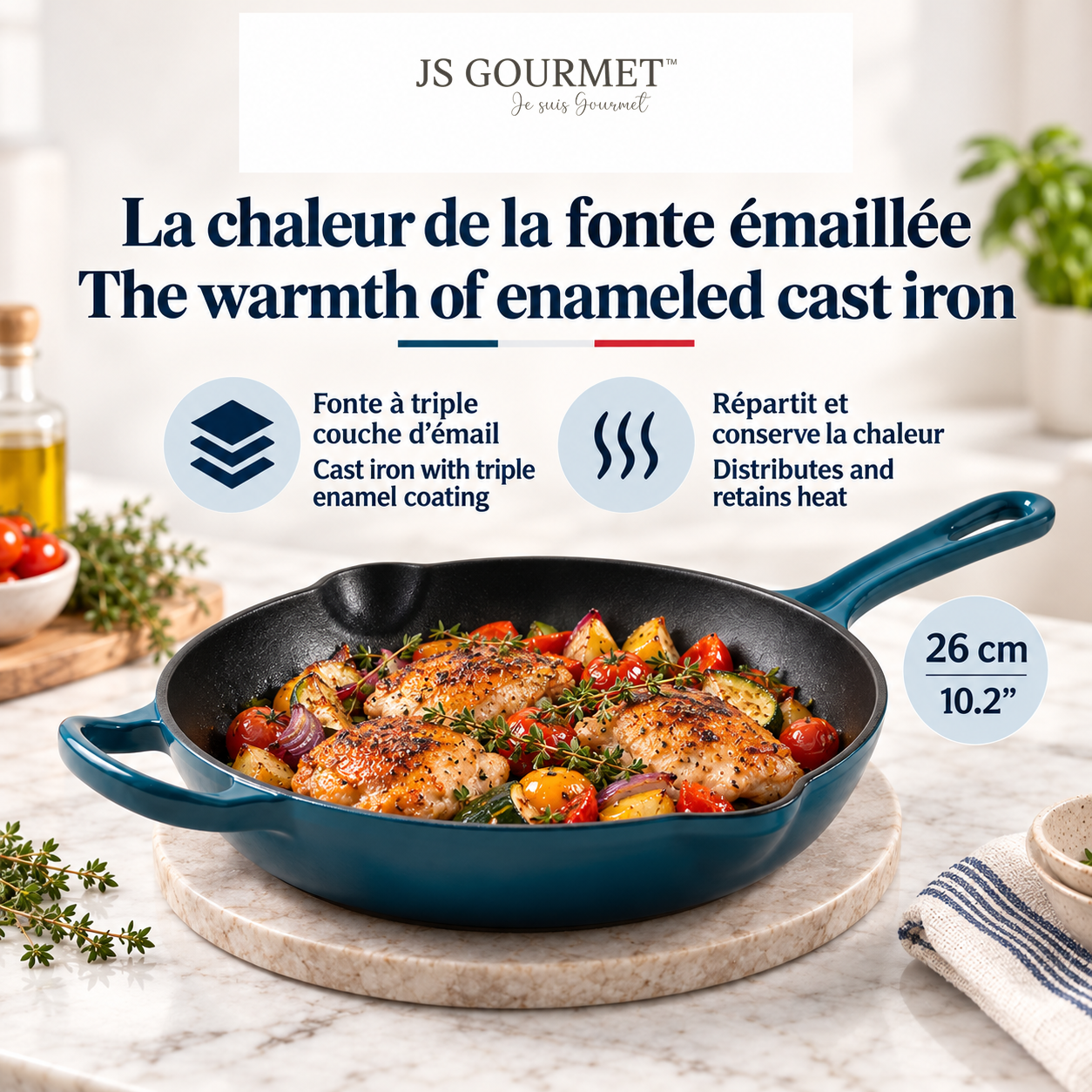 JS Gourmet Poêle en fonte émaillée, 26 cm, Bleu saphir - Simple Boutique