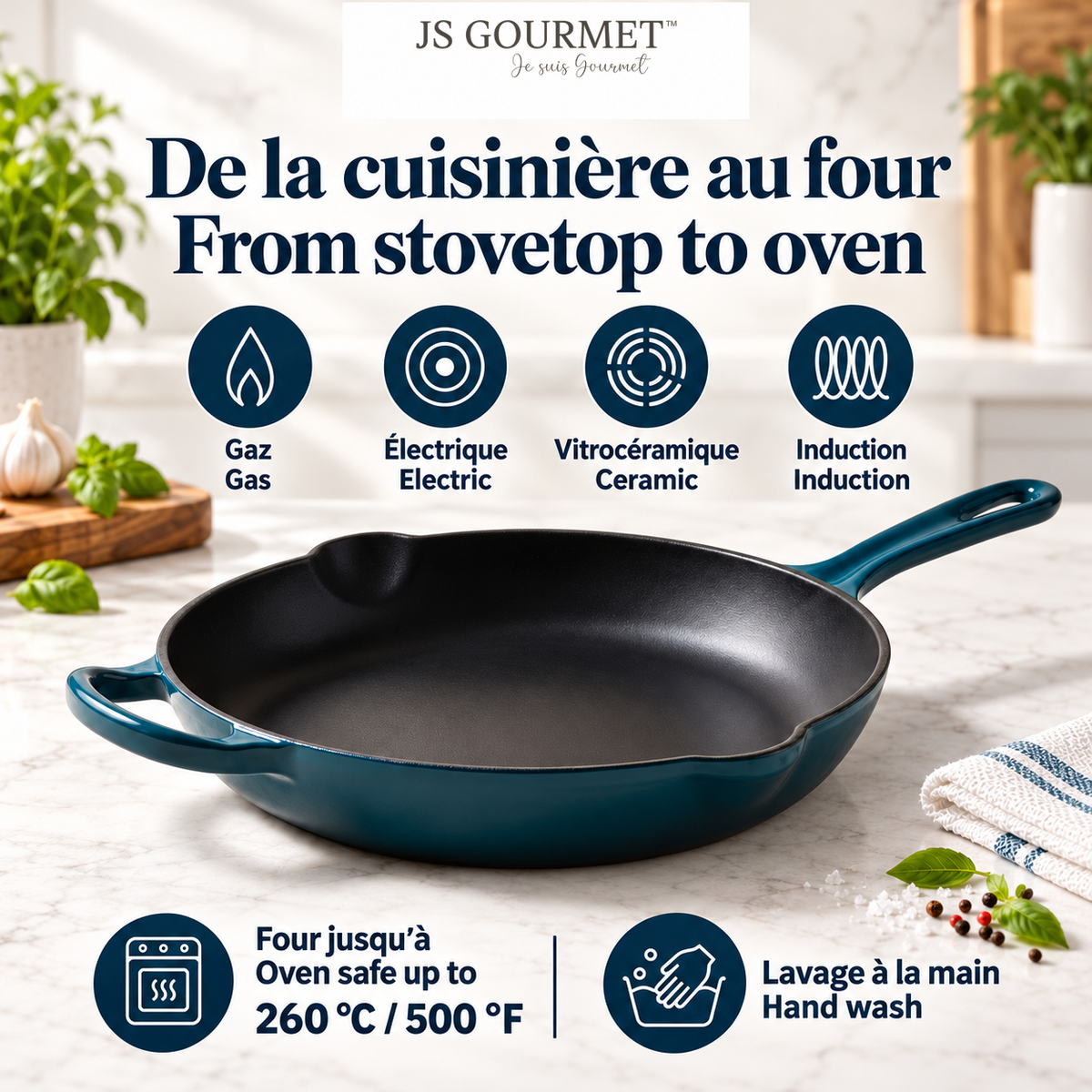JS Gourmet Poêle en fonte émaillée, 26 cm, Bleu saphir - Simple Boutique