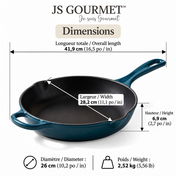 JS Gourmet Poêle en fonte émaillée, 26 cm, Bleu saphir - Simple Boutique