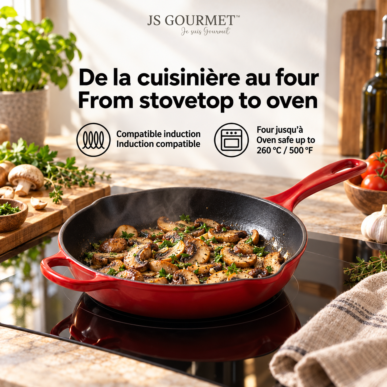 JS Gourmet Poêle en fonte émaillée, 26 cm, Rouge cerise - Simple Boutique