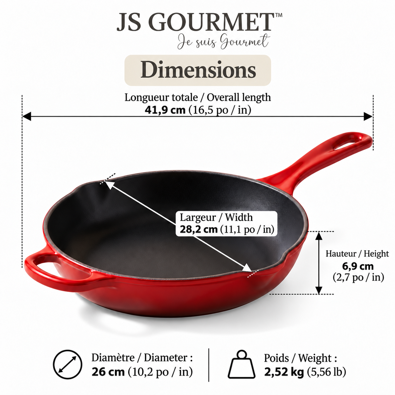 JS Gourmet Poêle en fonte émaillée, 26 cm, Rouge cerise - Simple Boutique