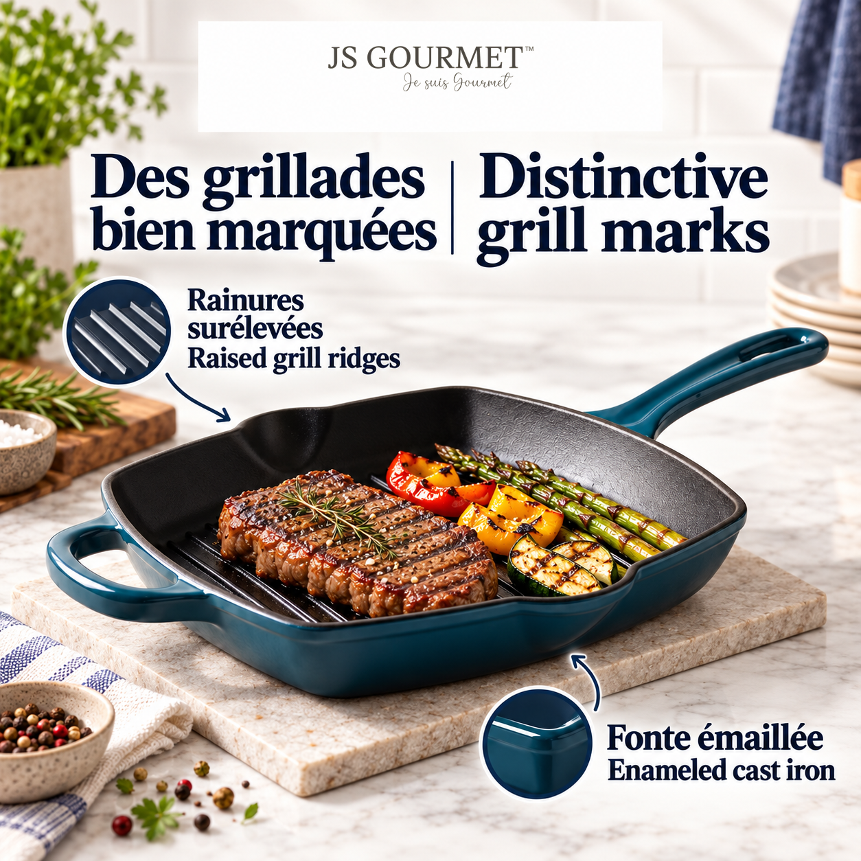 JS Gourmet Poêle-gril carrée en fonte émaillée, 27 cm, Bleu saphir - Simple Boutique