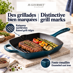JS Gourmet Poêle-gril carrée en fonte émaillée, 27 cm, Bleu saphir - Simple Boutique