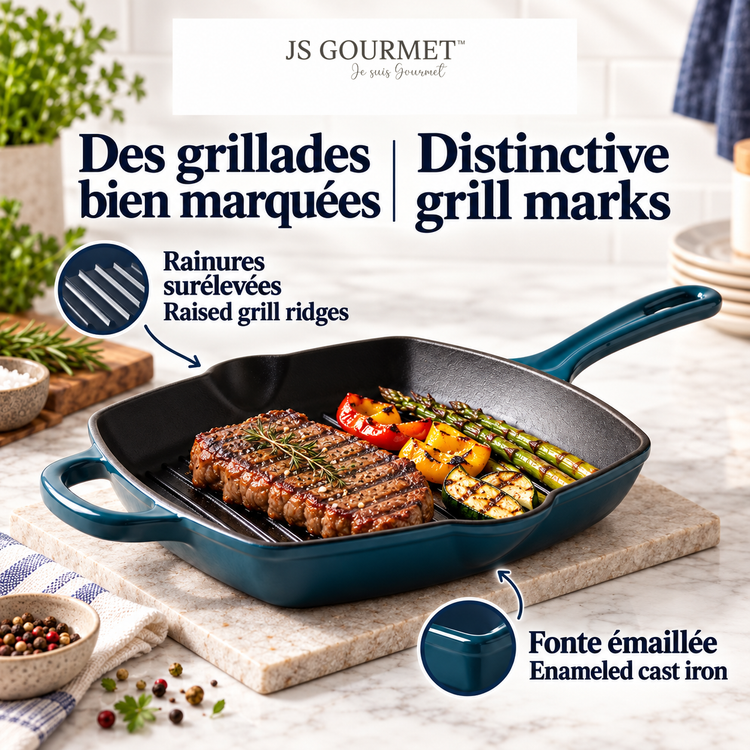 JS Gourmet Poêle-gril carrée en fonte émaillée, 27 cm, Bleu saphir - Simple Boutique