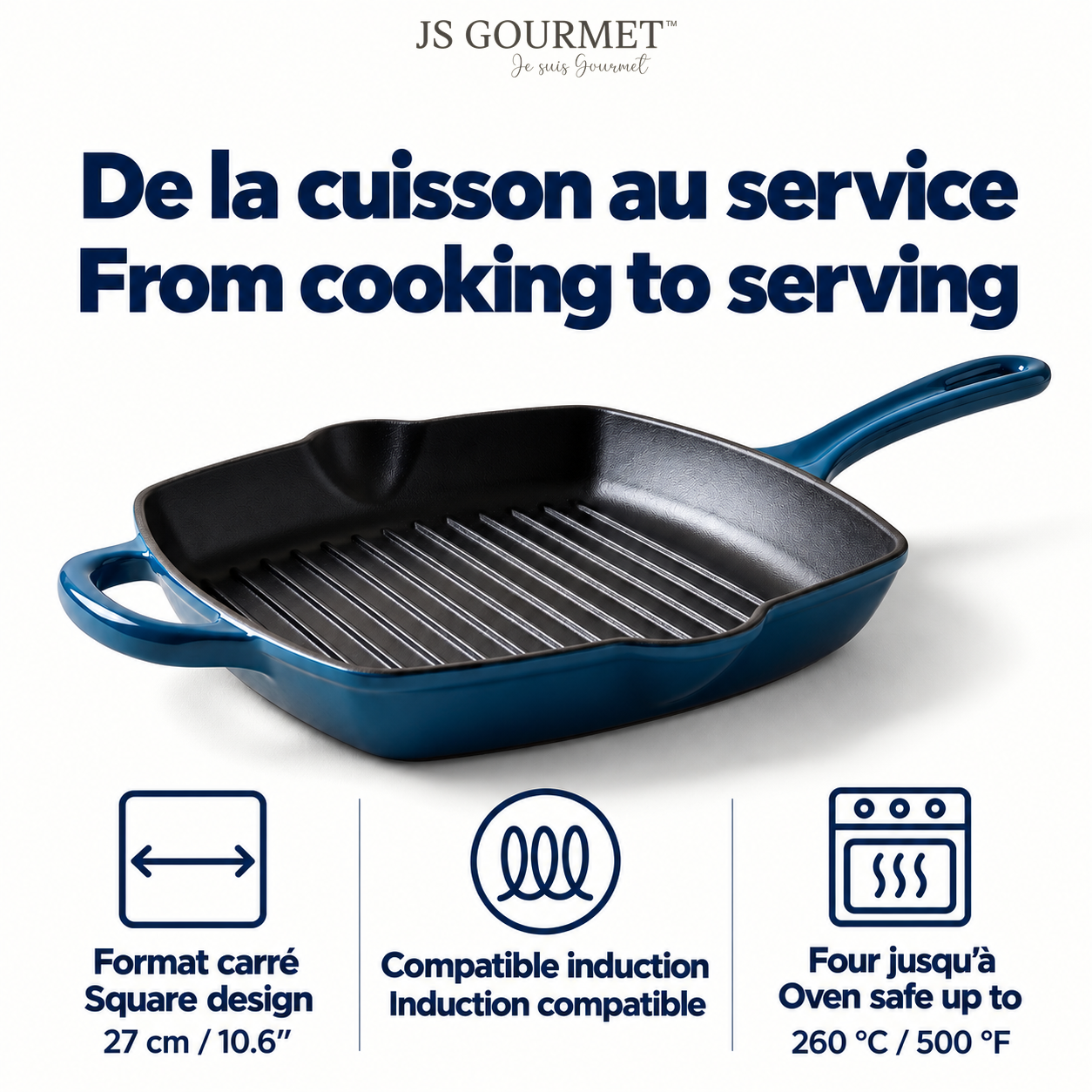 JS Gourmet Poêle-gril carrée en fonte émaillée, 27 cm, Bleu saphir - Simple Boutique