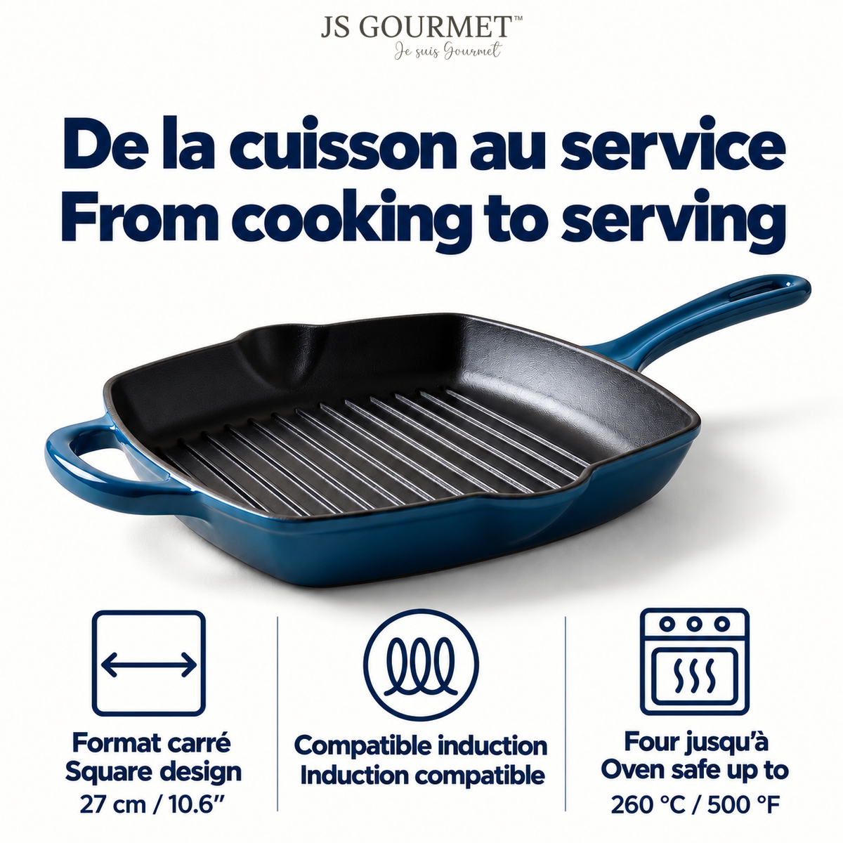 JS Gourmet Poêle-gril carrée en fonte émaillée, 27 cm, Bleu saphir - Simple Boutique