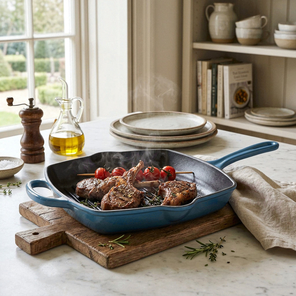 JS Gourmet Poêle-gril carrée en fonte émaillée, 27 cm, Bleu saphir - Simple Boutique
