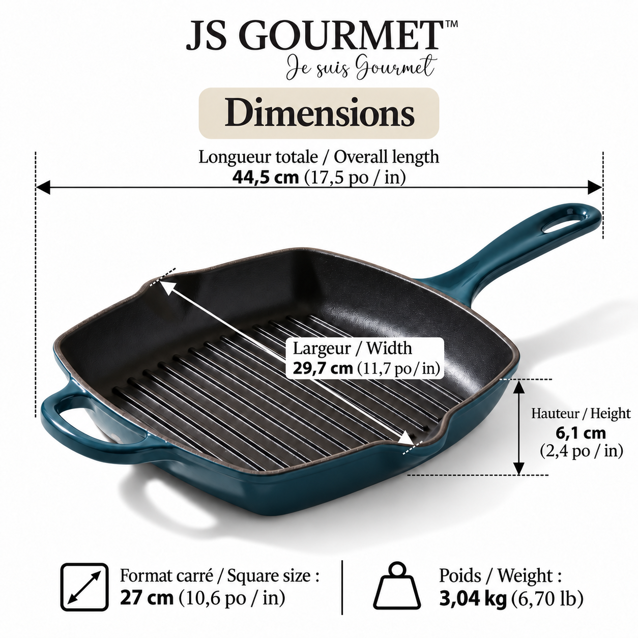 JS Gourmet Poêle-gril carrée en fonte émaillée, 27 cm, Bleu saphir - Simple Boutique