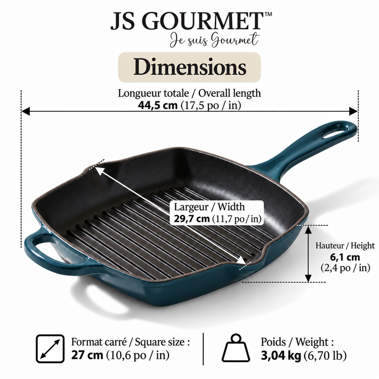 JS Gourmet Poêle-gril carrée en fonte émaillée, 27 cm, Bleu saphir - Simple Boutique