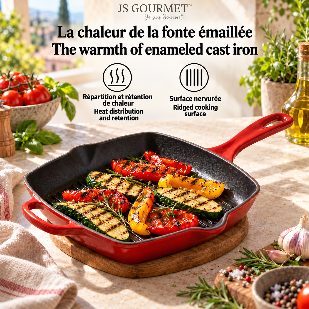 JS Gourmet Poêle-gril carrée en fonte émaillée, 27 cm, Rouge cerise - Simple Boutique