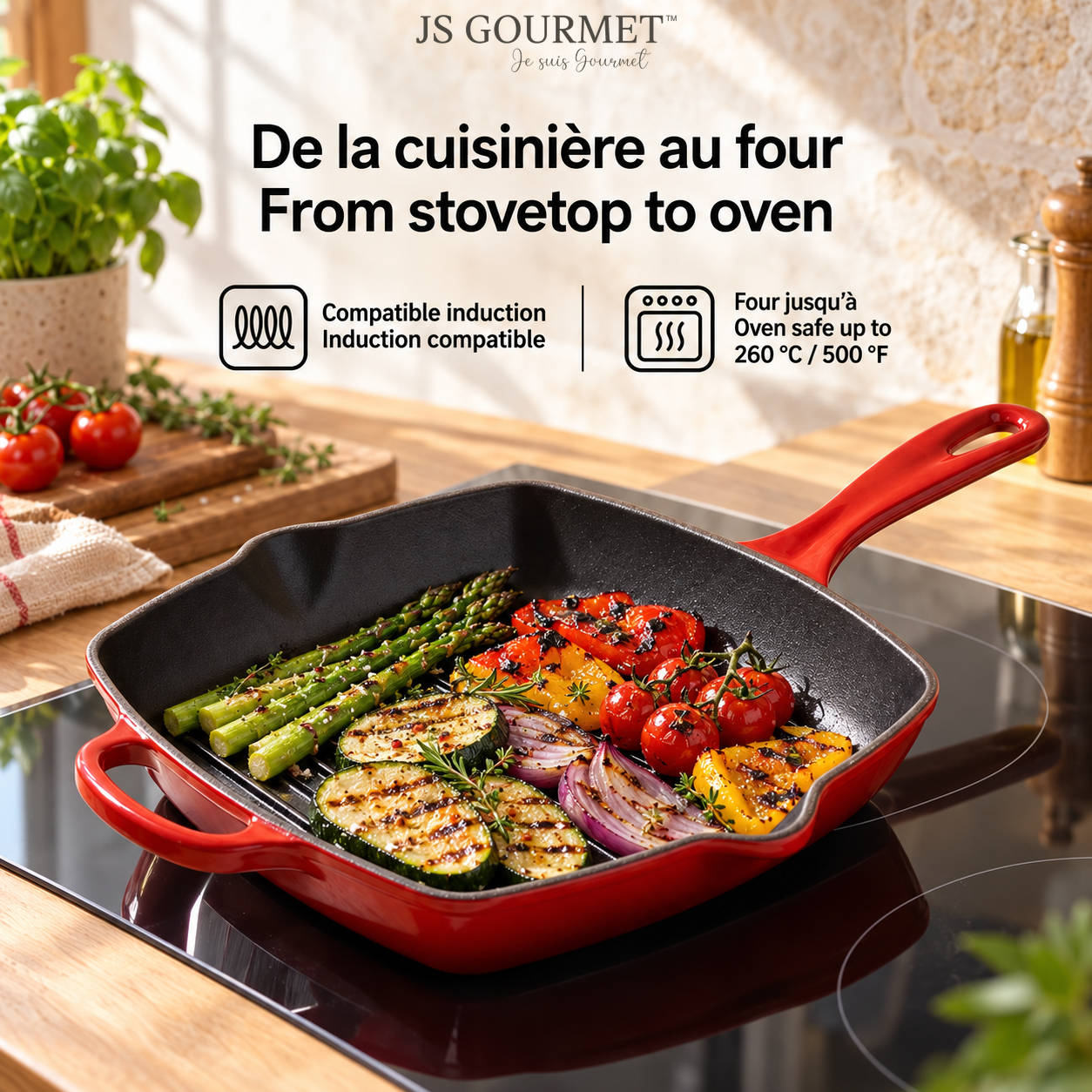 JS Gourmet Poêle-gril carrée en fonte émaillée, 27 cm, Rouge cerise - Simple Boutique