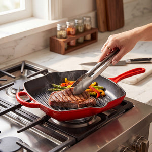 JS Gourmet Poêle-gril carrée en fonte émaillée, 27 cm, Rouge cerise - Simple Boutique