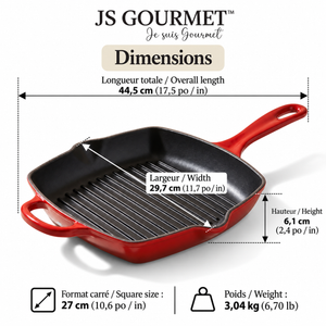JS Gourmet Poêle-gril carrée en fonte émaillée, 27 cm, Rouge cerise - Simple Boutique