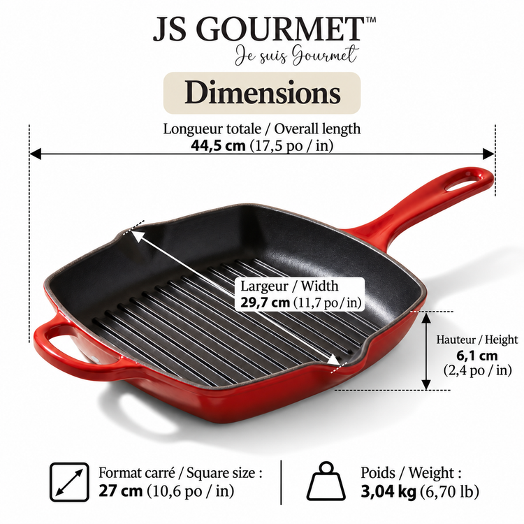 JS Gourmet Poêle-gril carrée en fonte émaillée, 27 cm, Rouge cerise - Simple Boutique
